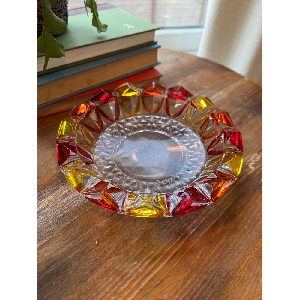 Vintage Cut Glass Ashtray Red Orange Yellow Flashed Hand Painted Geometric